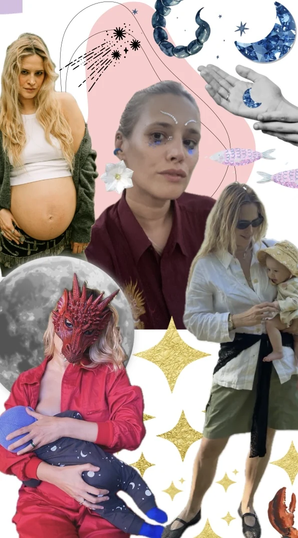 Collage of Zsófi: pregnant in a white top; with stars on her face; in a red jumpsuit and dragon mask, nursing her baby; holding her baby in a sun hat; with a moon, crystals, stars and a lobster